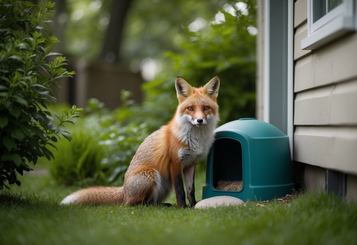 A fox sits in a cozy den next to a suburban house, surrounded by lush greenery and a peaceful atmosphere