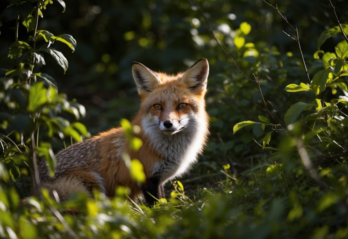 A fox nestled in the dense underbrush, dappled sunlight filtering through the leaves, casting shadows on its sleek fur