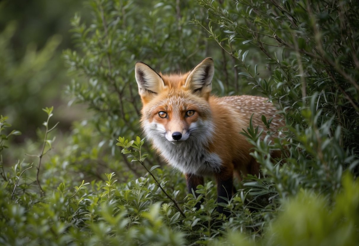 A fox hides in a dense thicket of bushes, blending into the underbrush, while keeping a watchful eye on its surroundings