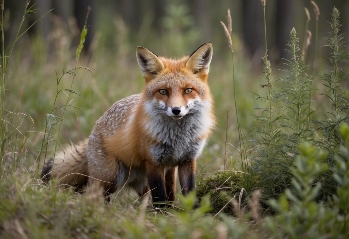 A fox camouflaged among tall grasses and shrubs, peeking out from its den in a forest clearing
