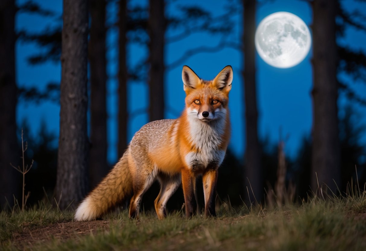 A red fox stands under a full moon, its fur glowing in the moonlight amidst a forest of tall trees