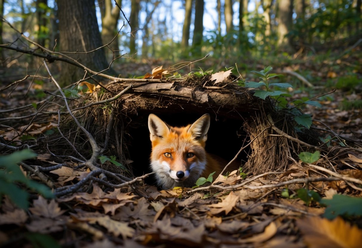A fox den hidden in thick underbrush, surrounded by fallen leaves and twigs. Sunlight filters through the trees, casting dappled shadows on the ground