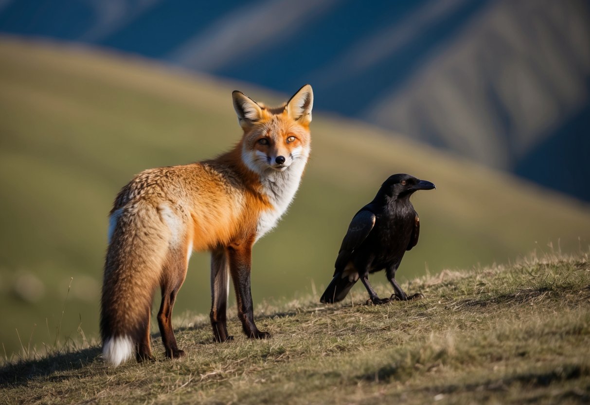 A red fox stands proudly on a hill, its fur glowing in the sunlight. A raven perches nearby, watching with keen interest
