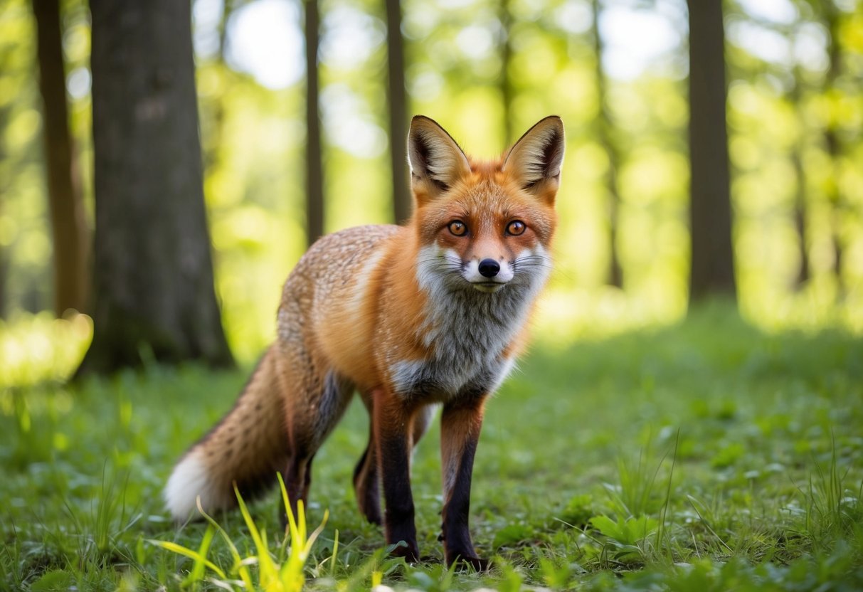 A red fox with bright, alert eyes stands in a lush forest clearing, its fur glowing in the sunlight