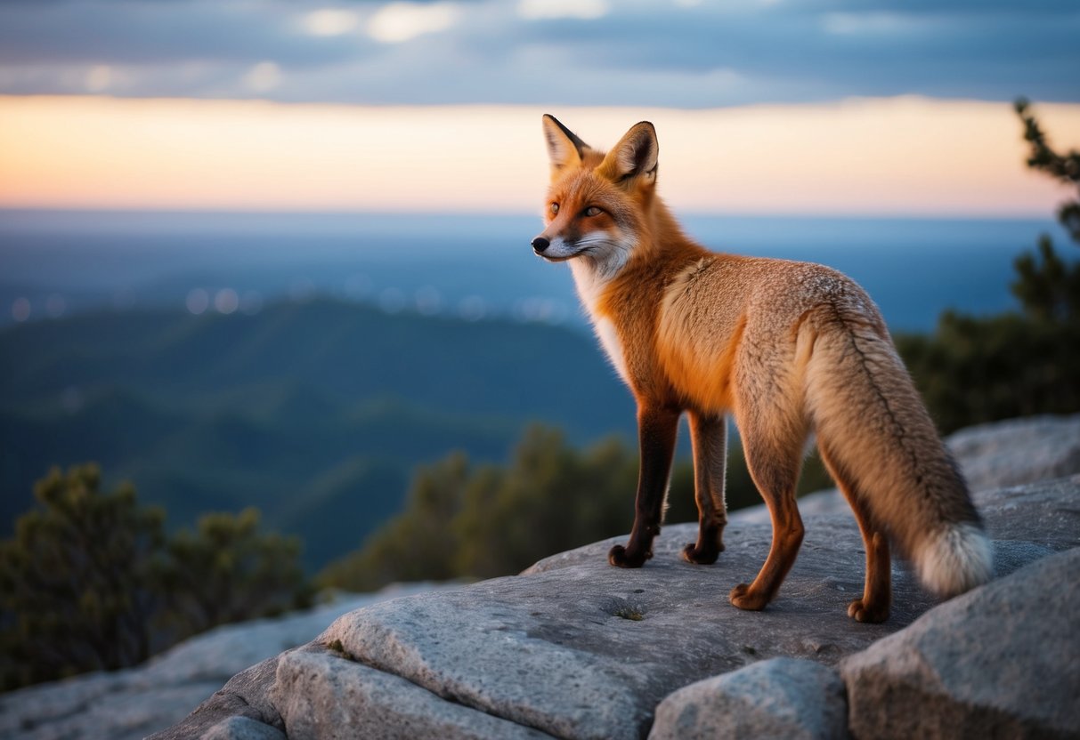 A red fox standing proudly on a rocky hill, gazing out at the horizon with a sense of determination and wisdom
