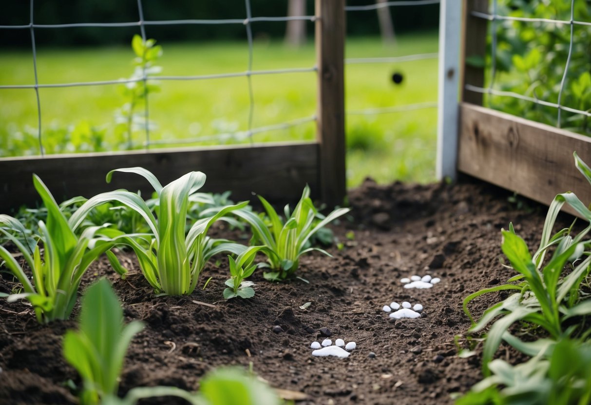 A garden with trampled plants, scattered soil, and paw prints leading to a hole in the fence