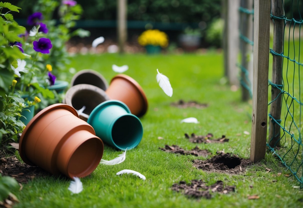 A garden with overturned pots, scattered bird feathers, and muddy paw prints leading to a hole in the fence