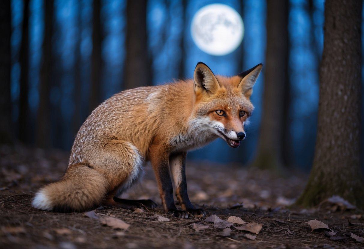 A fox cowers in the moonlit forest, whimpering and emitting high-pitched yelps when distressed