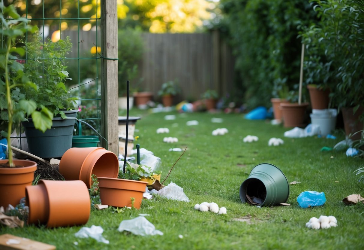 A garden with overturned pots, scattered trash, and paw prints leading to a hole in the fence