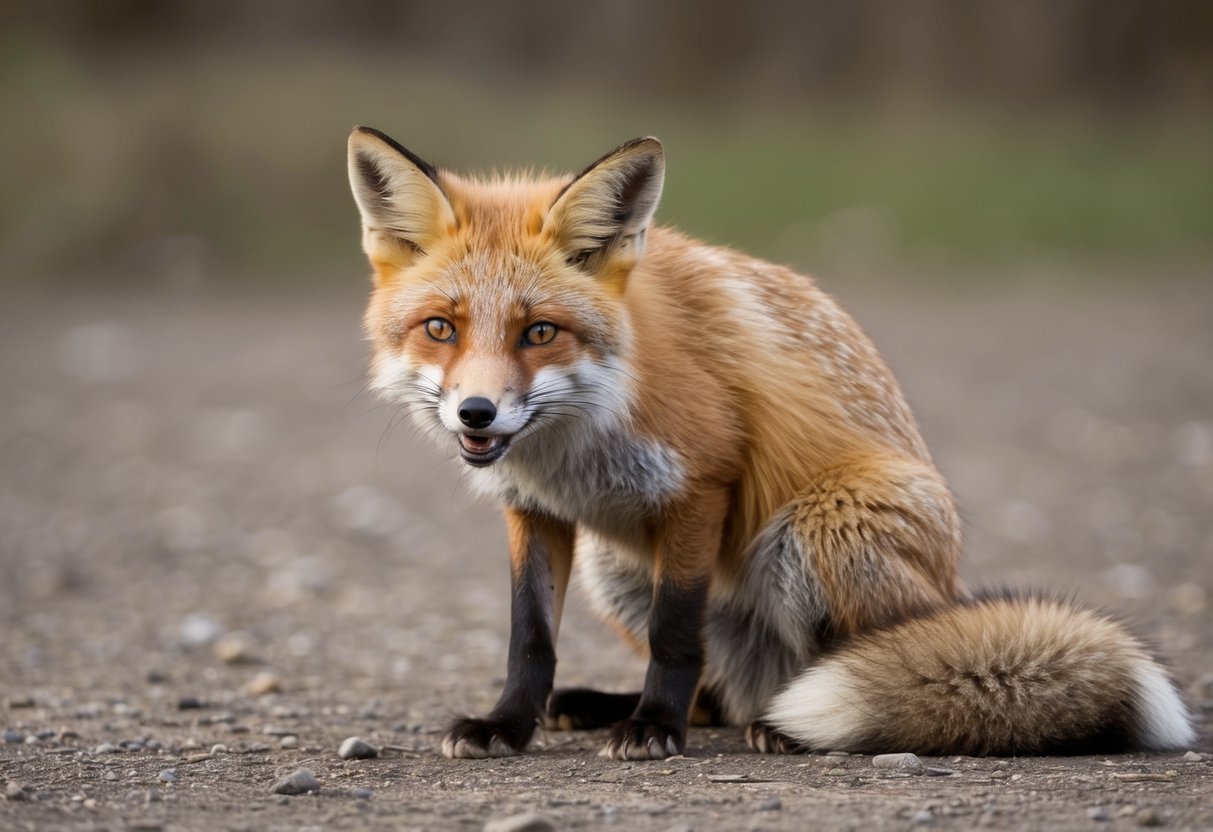 A fox crouches low, ears flattened, and emits high-pitched, repetitive yips and whines, its tail tucked tightly against its body