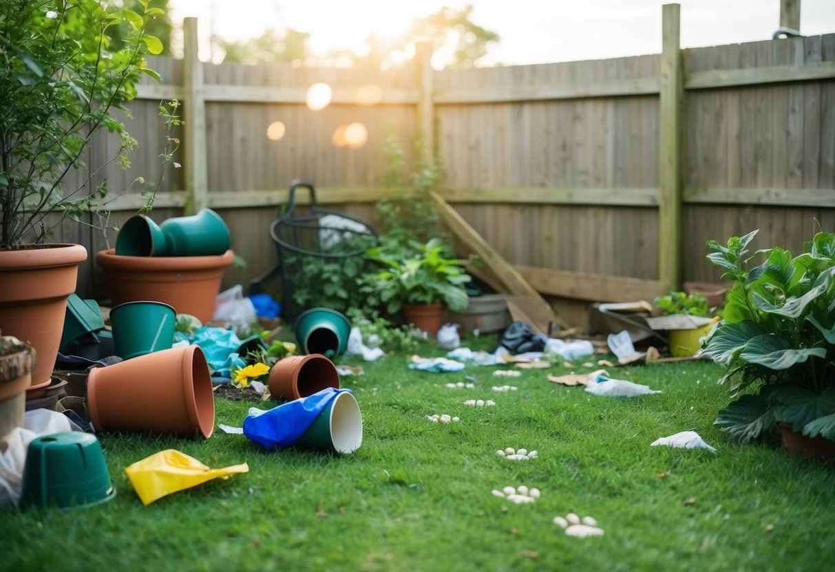 A garden with overturned pots, scattered trash, and paw prints leading to a hole in the fence