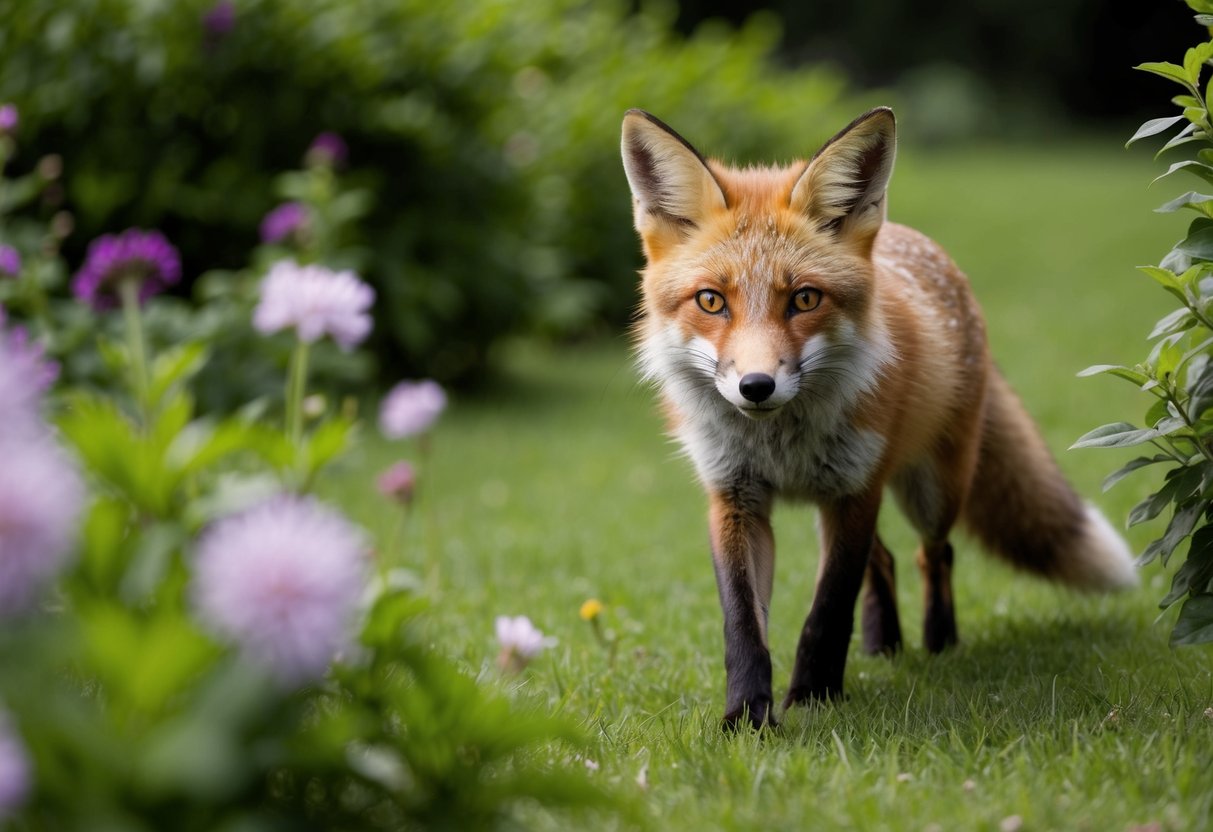 A fox sneaks into a lush garden, its bright eyes scanning for food among the flowers and bushes
