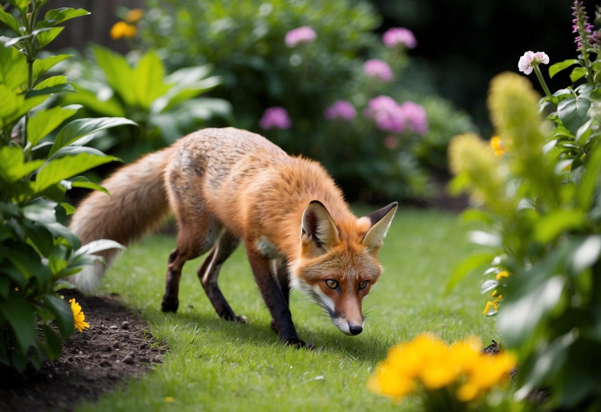 A fox prowls through a lush garden, sniffing and searching for food among the plants and flowers