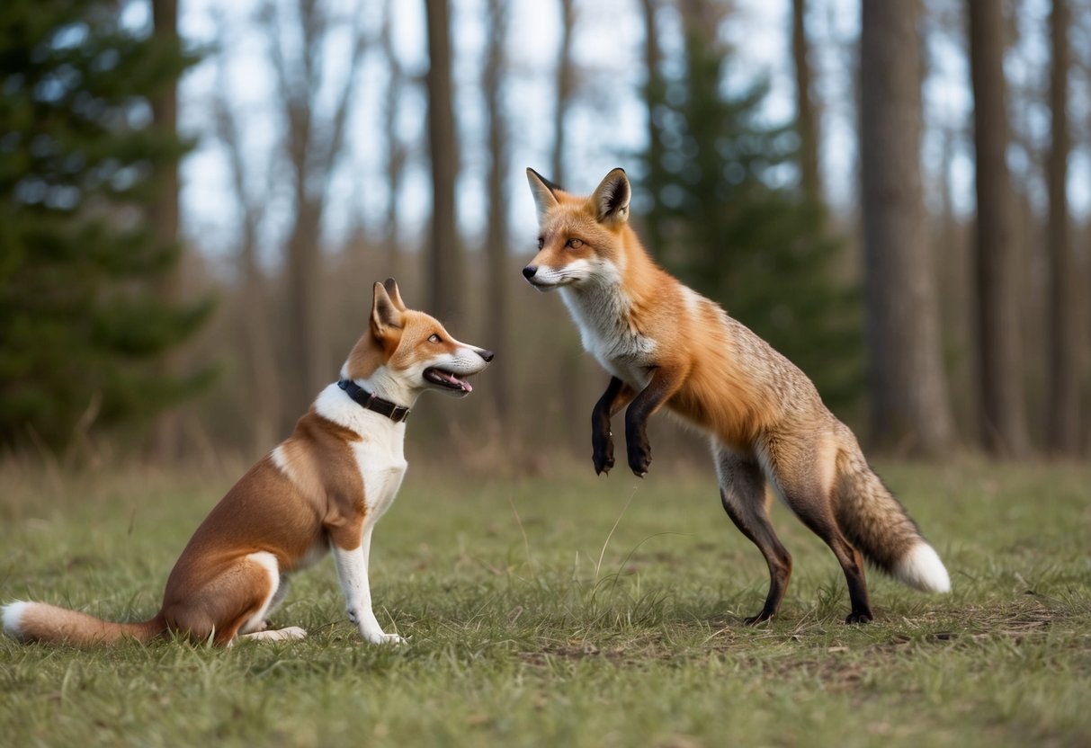 A fox stands victorious over a defeated dog in a forest clearing