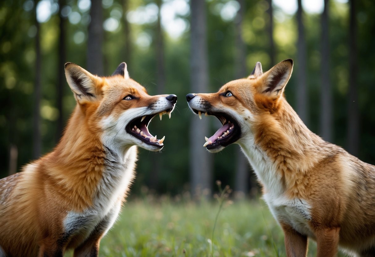 A fox and a dog face off in a forest clearing, growling and baring their teeth, ready to fight
