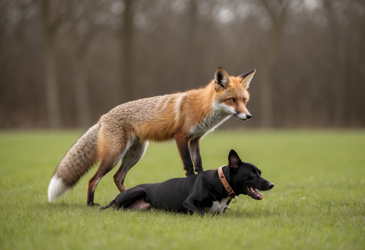 A fox stands triumphantly over a defeated dog, showcasing the ethical considerations and human impact of animal fights