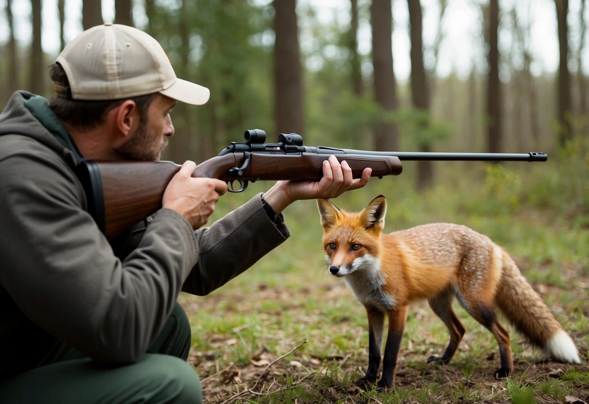 A hunter aiming a rifle at a fox in a wooded area