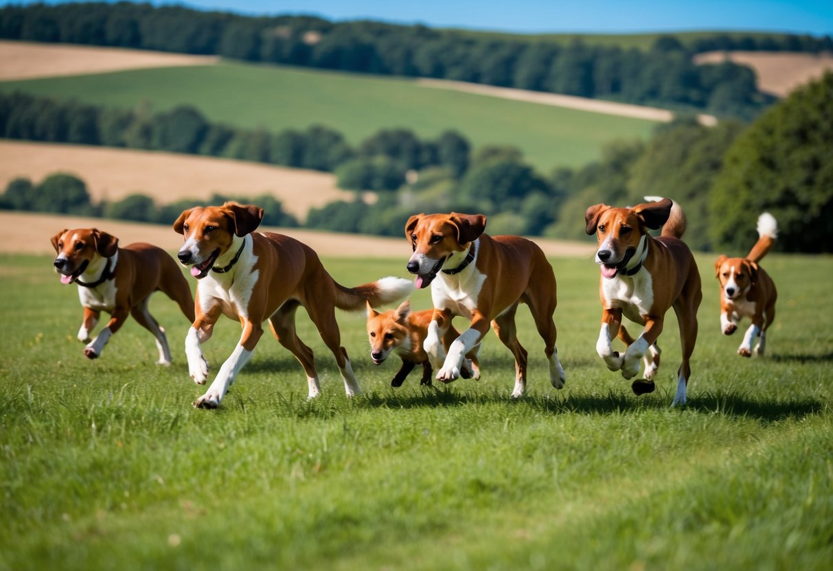 A pack of foxhounds chase a red fox through a lush English countryside, with rolling hills and a clear blue sky in the background