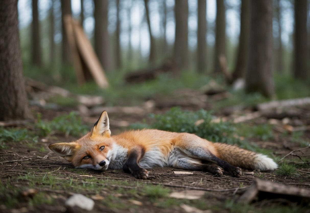 A fox lying lifeless on the forest floor, surrounded by signs of human activity and destruction