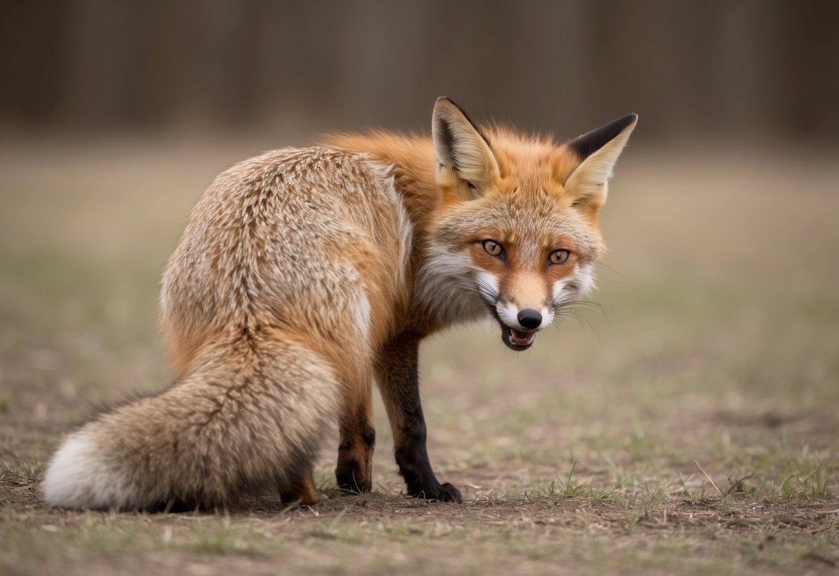 A fox cowers as a loud, sudden noise startles it, causing its ears to flatten and tail to tuck