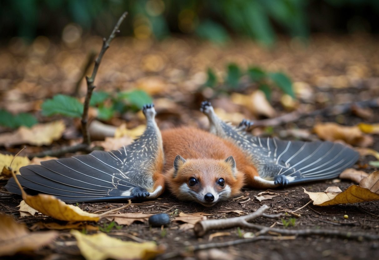 A dead flying fox lies on the ground, surrounded by fallen leaves and branches. Its wings are outstretched, and its body is still
