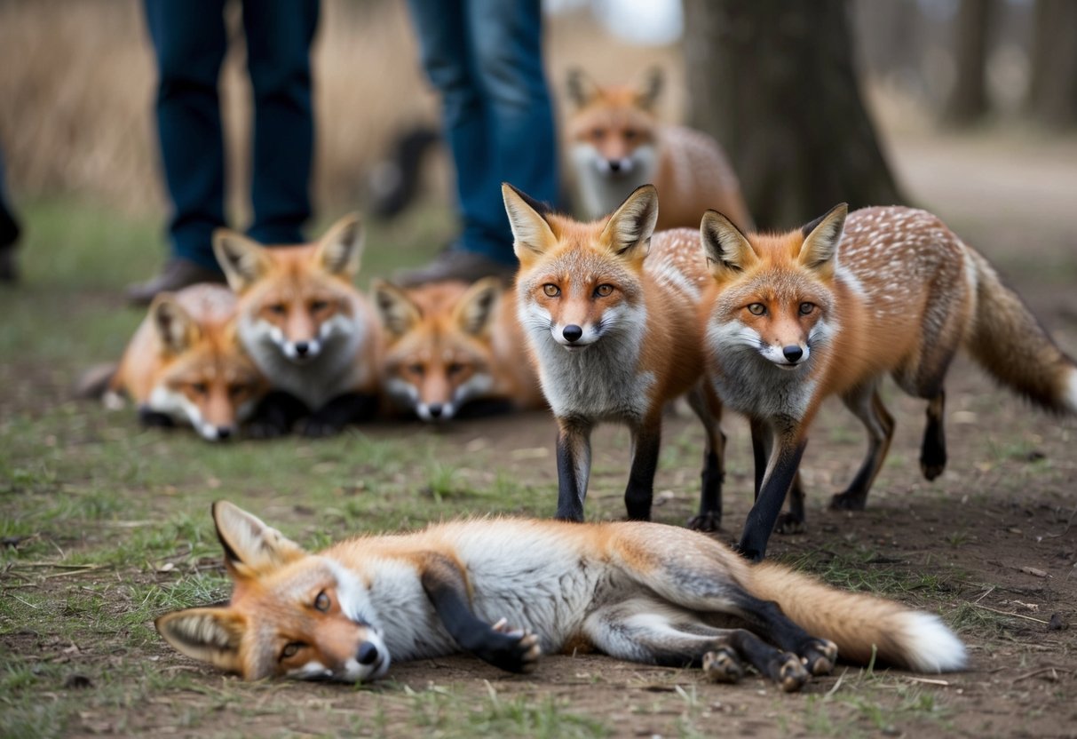 A group of foxes, some lying lifeless on the ground, while others roam cautiously, with signs of human presence in the background