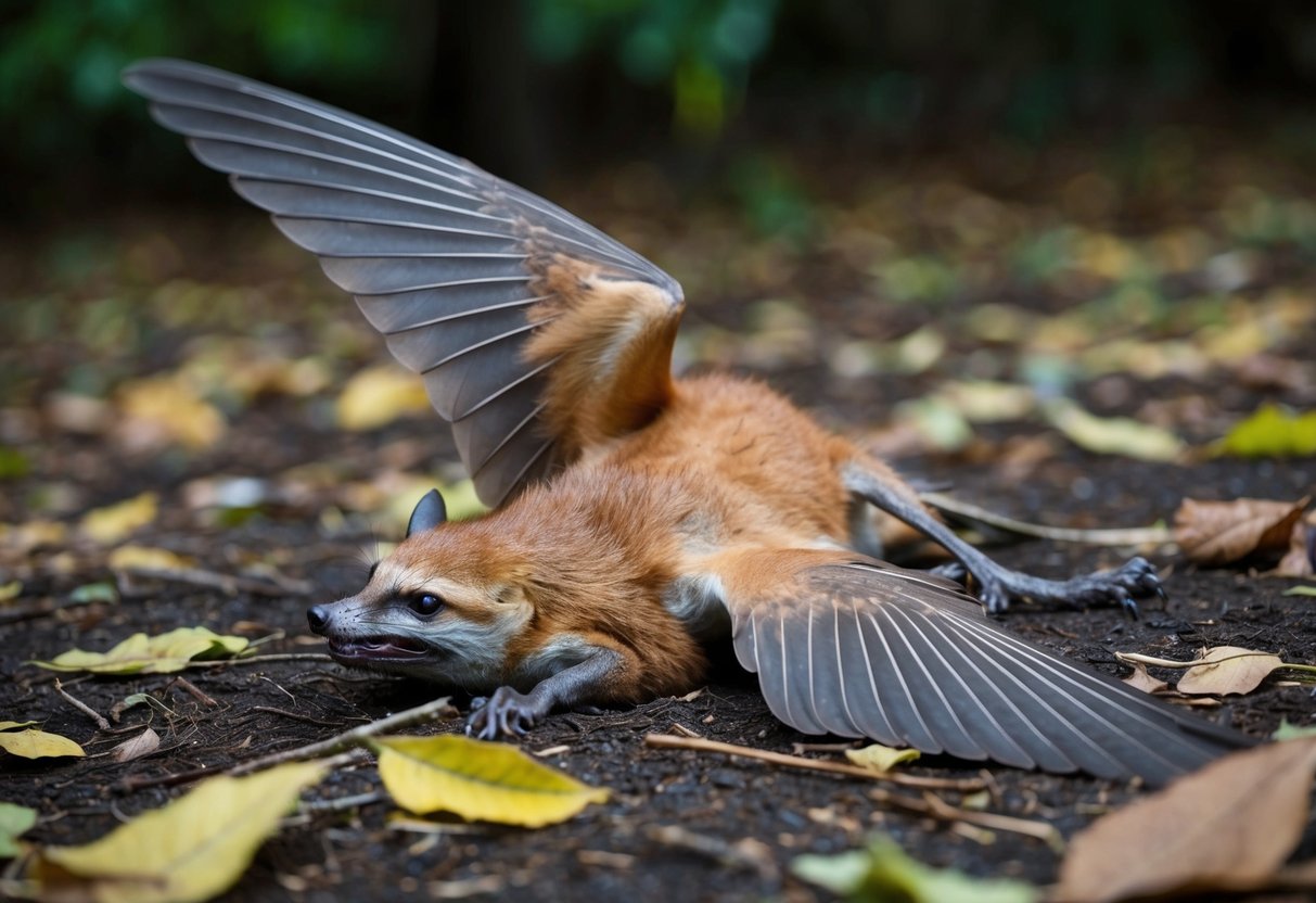 A dead flying fox lies on the ground, surrounded by fallen leaves and twigs. Its wings are outstretched and its body is motionless