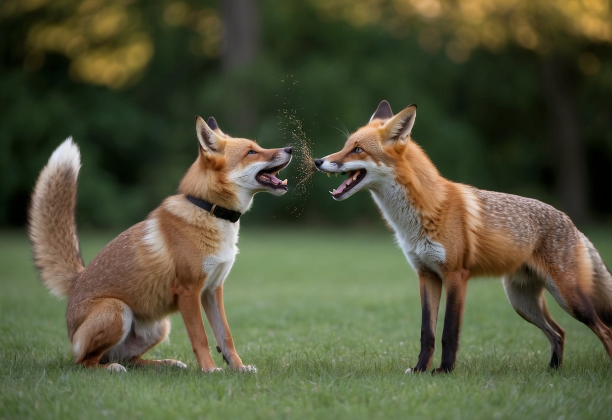 A fox teases a barking dog from a safe distance, provoking the dog's agitation