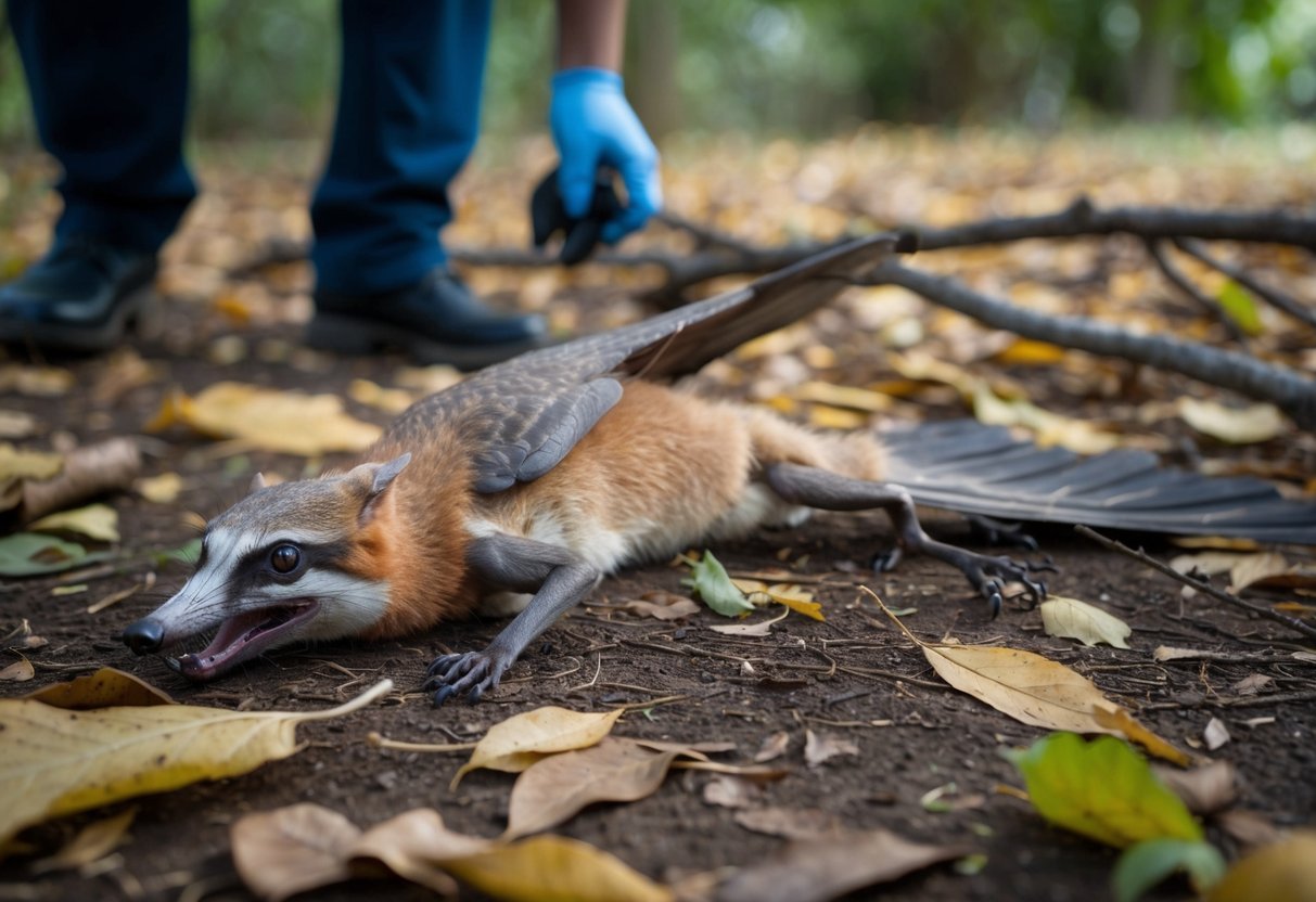 A dead flying fox lies on the ground, surrounded by fallen leaves and branches. Nearby, a person observes from a safe distance, holding a pair of gloves and a container for disposal