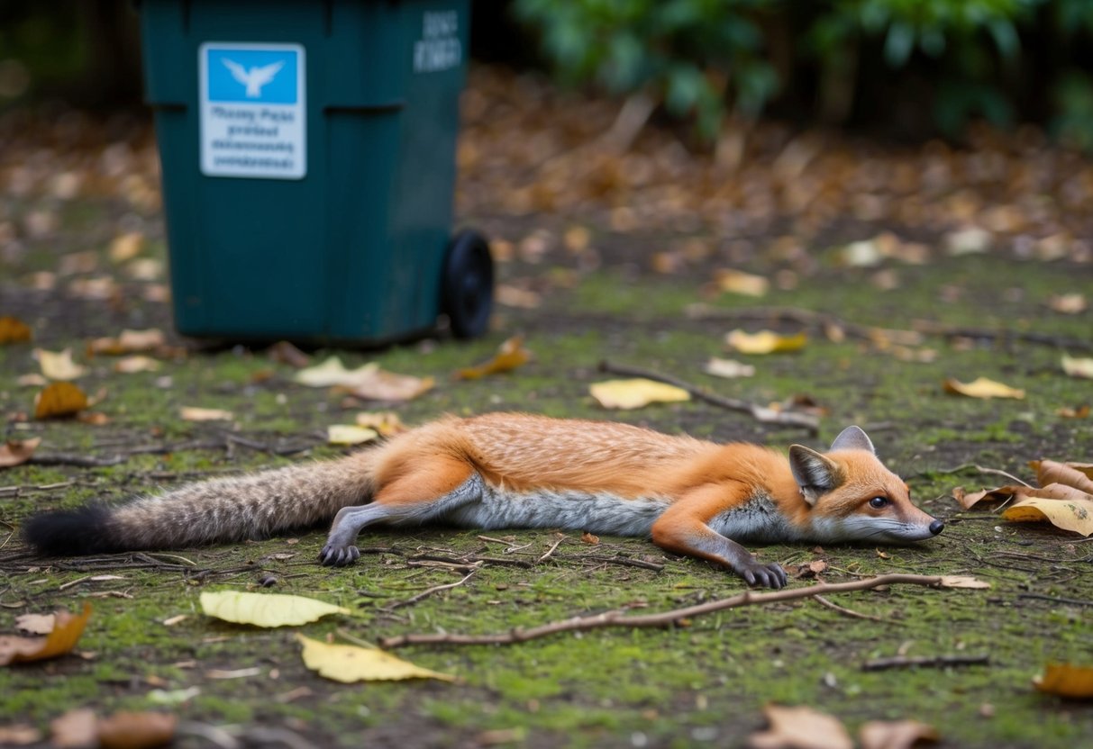 A flying fox lies motionless on the ground, surrounded by fallen leaves and twigs. A nearby trash bin is labeled for wildlife disposal