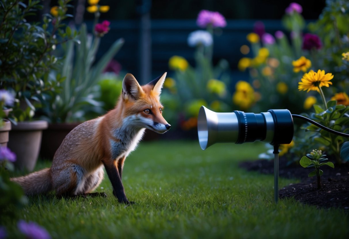 A garden at dusk, with a variety of plants and flowers. A small fox is startled by the sudden sound of a loud, clanging noise coming from a nearby device