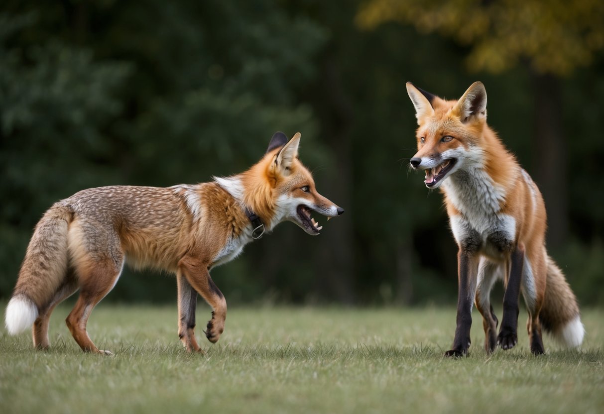 A fox approaches a barking dog, raising its tail and baring its teeth. The dog growls, backing away defensively
