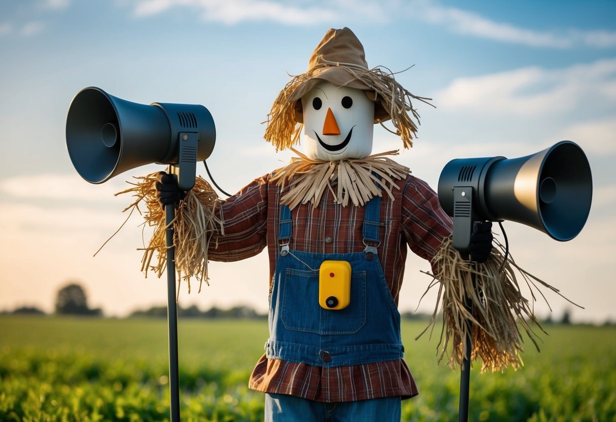 A scarecrow equipped with motion-activated sound devices emitting loud, high-pitched noises to deter foxes