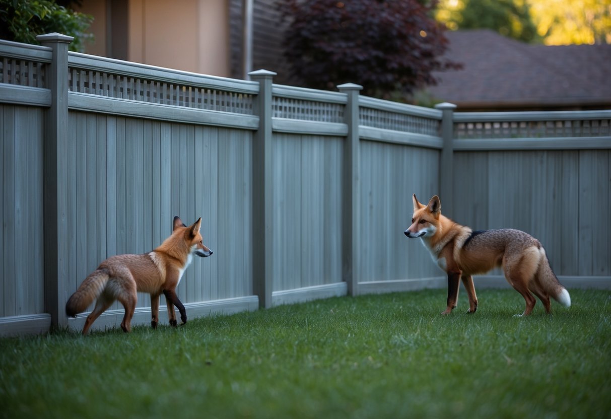 A sturdy fence encloses a well-lit backyard. A wary dog watches a curious fox from a distance
