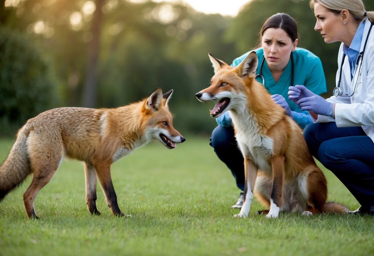 A fox approaches a wary dog, who growls defensively. A concerned owner looks on, with a vet nearby offering advice
