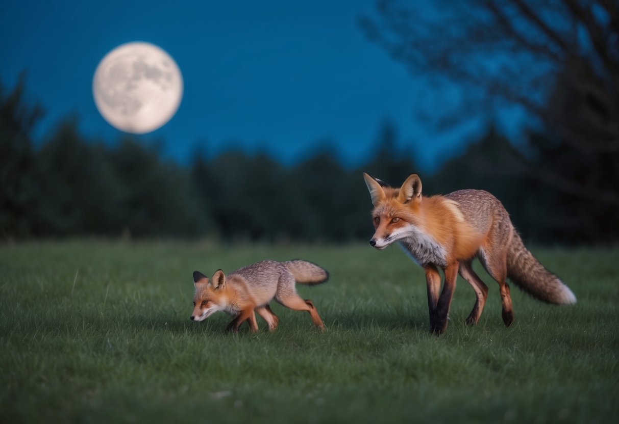 A fox stealthily follows its prey through the forest under the moonlit sky