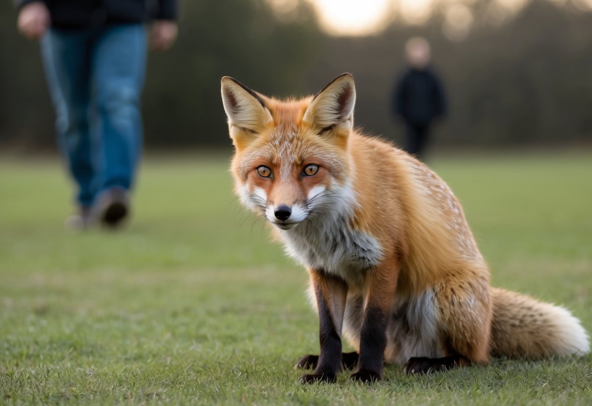 A fox crouches low, eyes fixed on a distant figure, ready to pounce