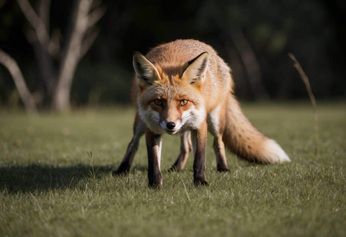 A fox crouches low in the shadows, eyes fixed on its prey. Muscles tense, it prepares to pounce