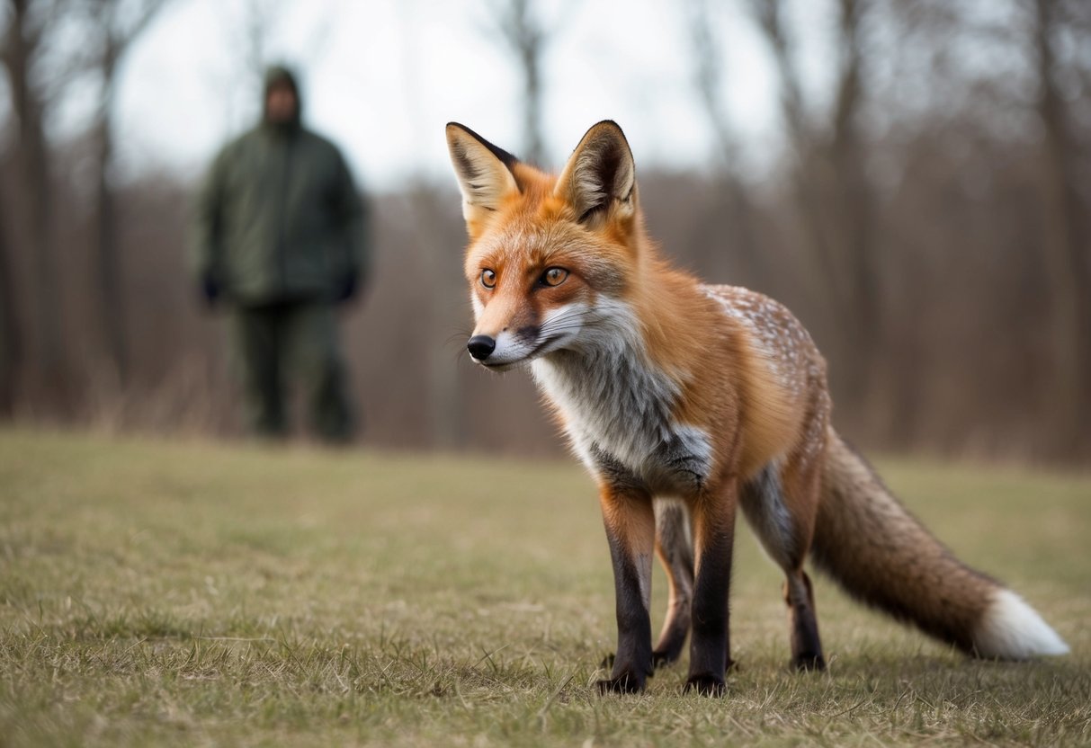 A fox cautiously observes a figure in the distance, its ears perked and eyes focused, ready to pounce or flee