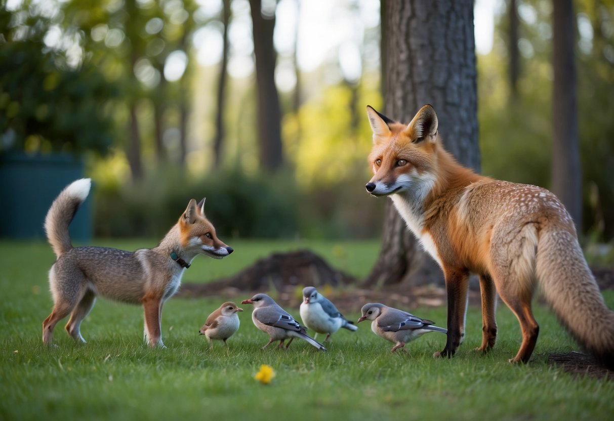 A fox watches from the edge of a forest, eyeing a small dog and a group of birds feeding in a backyard
