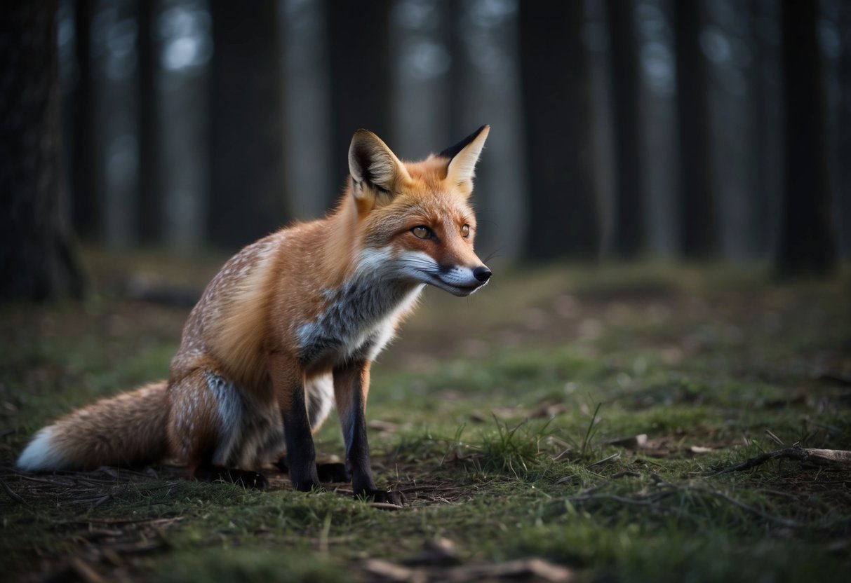 A fox cowers in a dark forest, ears pinned back, as a sudden loud noise startles it from the shadows