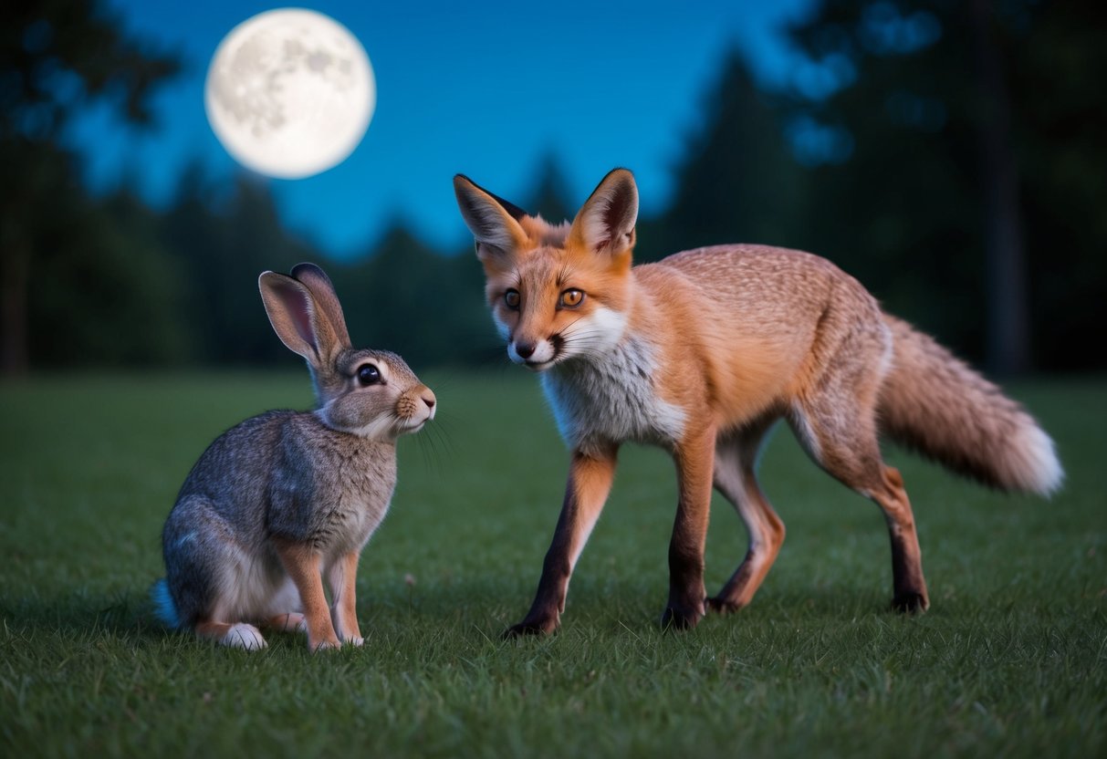 A wary rabbit watches a sleek fox prowling through the forest under the moonlit sky