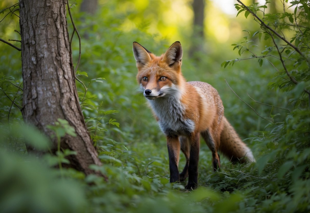 A fox cautiously emerges from a dense thicket, its ears perked up as it scans the surrounding woodland for any signs of danger. The sun casts a warm glow on the lush greenery, creating a peaceful and natural habitat for the fox