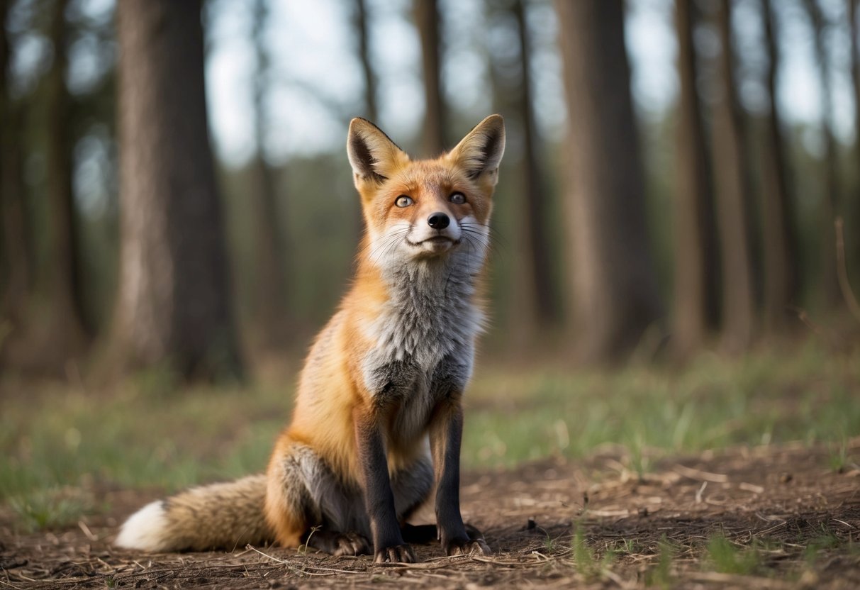 A fox with a injured leg, looking up with hopeful eyes in a forest clearing
