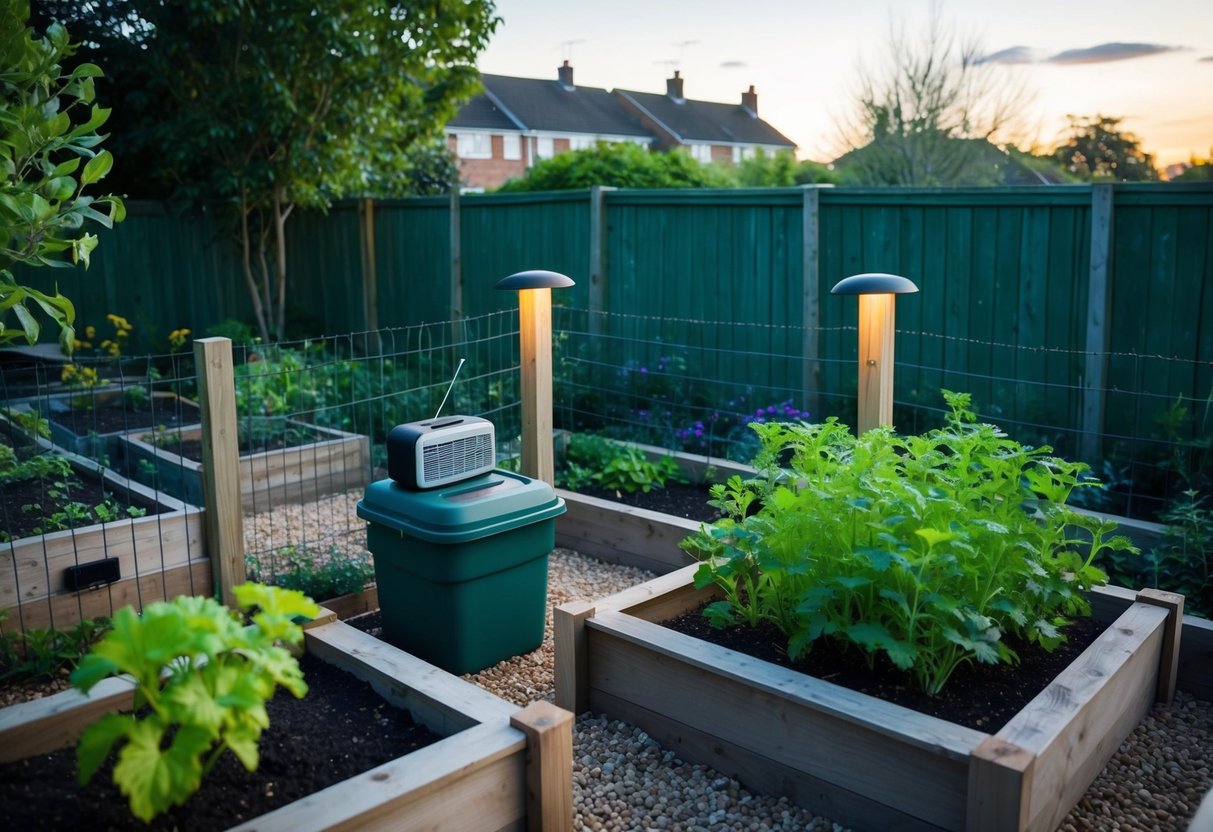 A fox-proof fence surrounds a well-kept garden with raised beds and a compost bin. Motion-activated lights and a radio playing softly deter nocturnal visitors