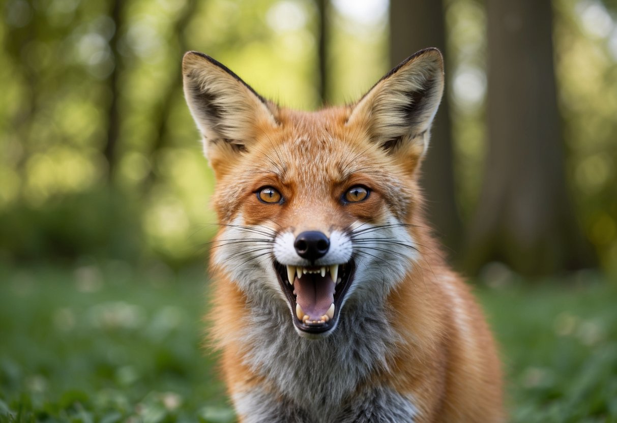 A red fox snarls and bares its teeth, poised to bite in a lush UK forest clearing