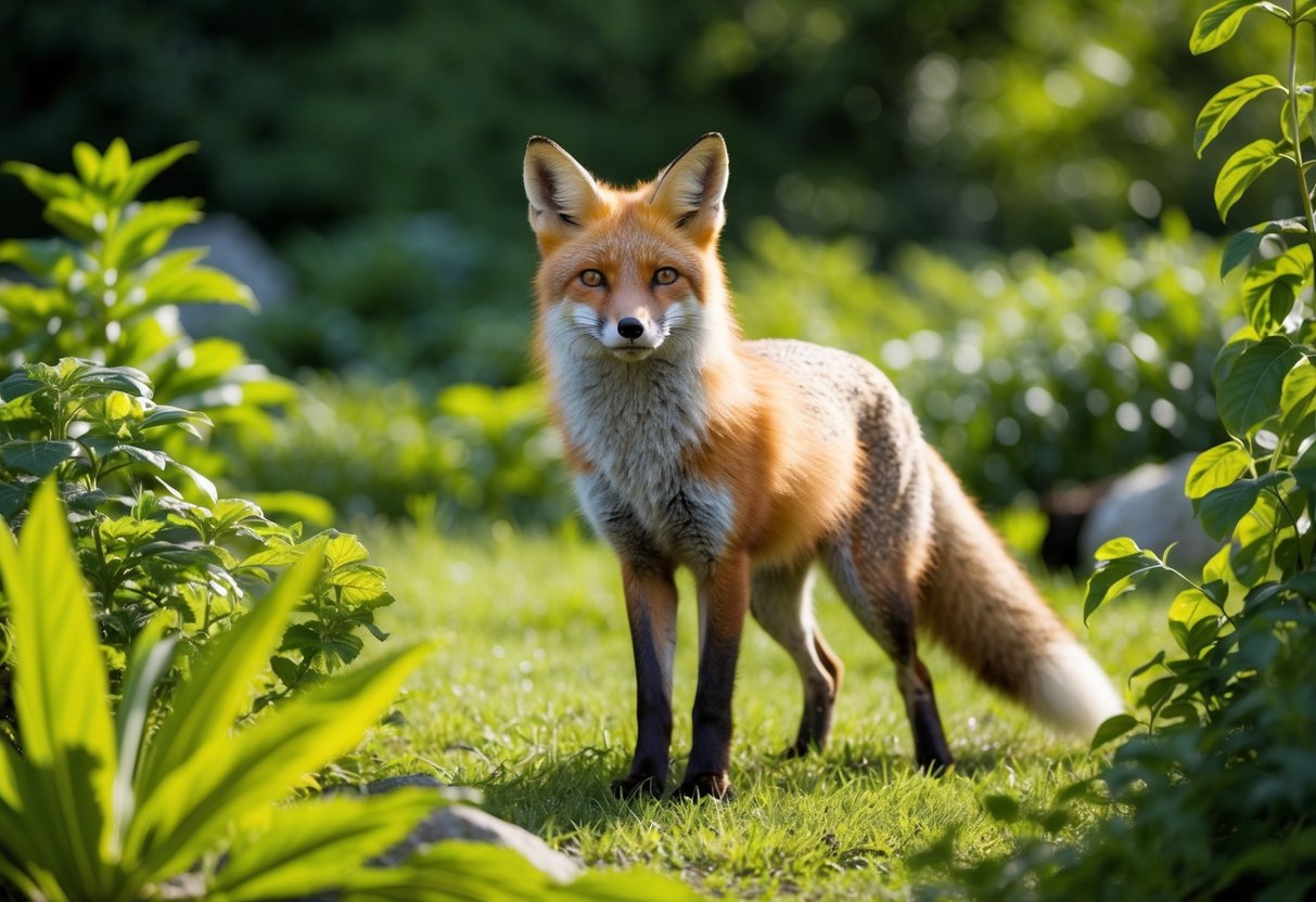 A fox stands among lush greenery, its fur glowing in the sunlight. It watches over a diverse ecosystem, surrounded by various plants and animals