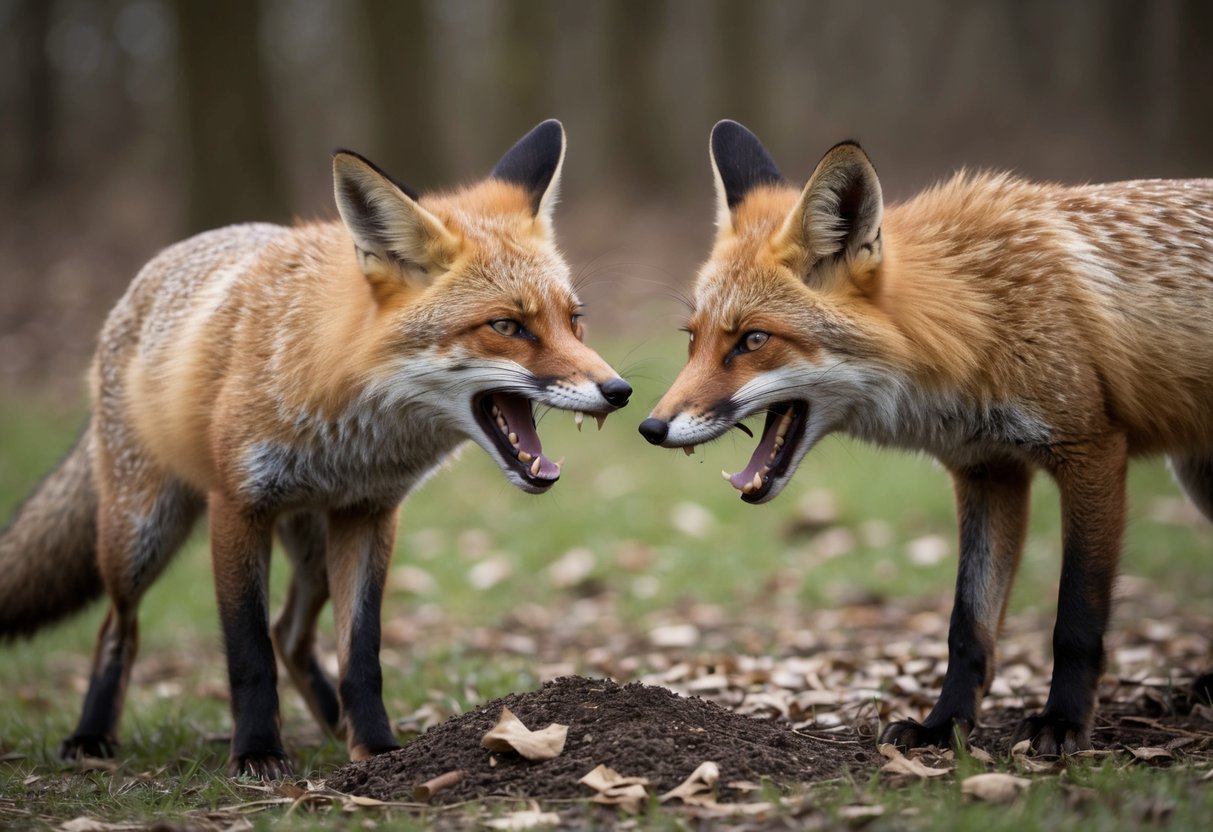 A fox snarls and bares its teeth, ears pinned back, as it confronts another fox over a food source in a wooded area in the UK