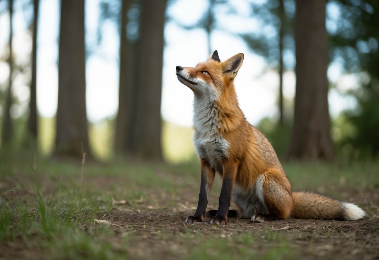 A fox with a injured leg sits in a forest clearing, looking up at the sky