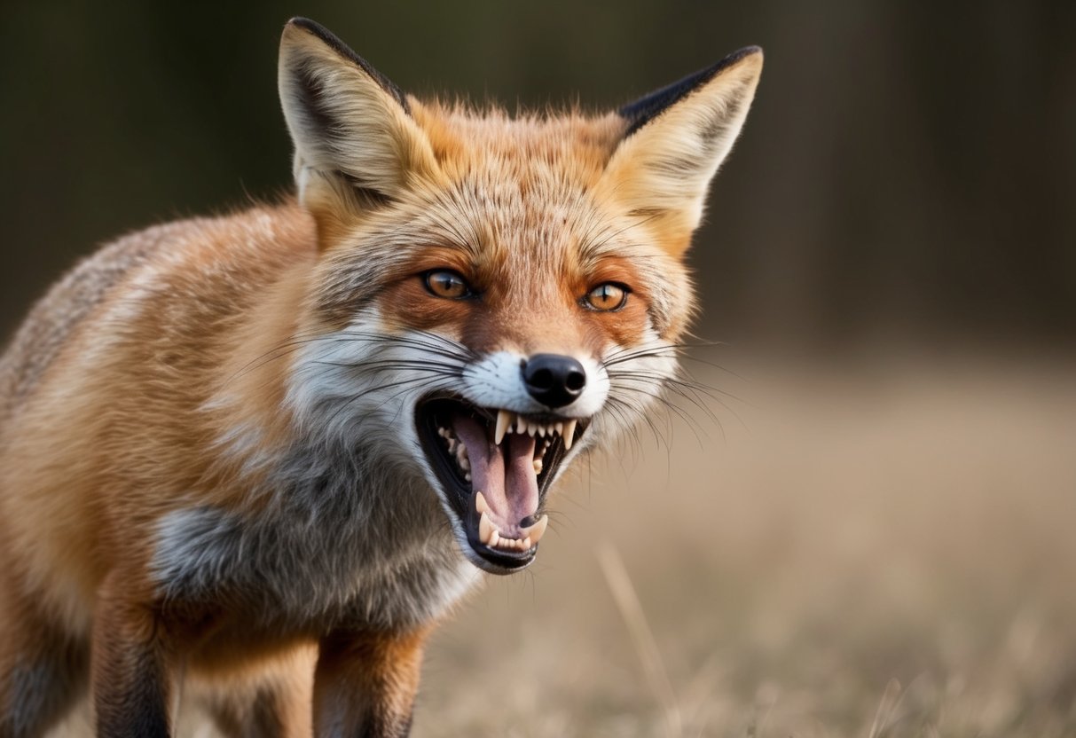 A fox bares its teeth, snarling, as it lunges forward, ready to bite